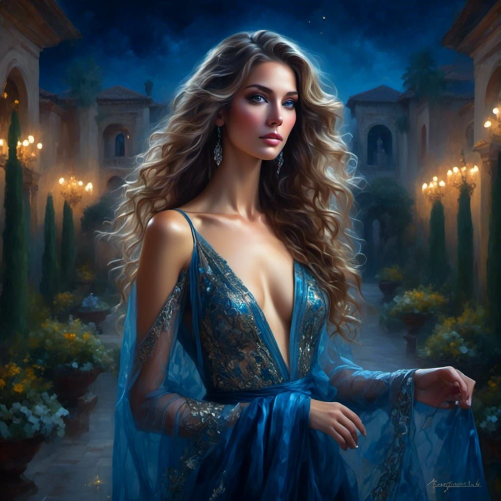 Mediterranean Woman in Palace Garden at Night