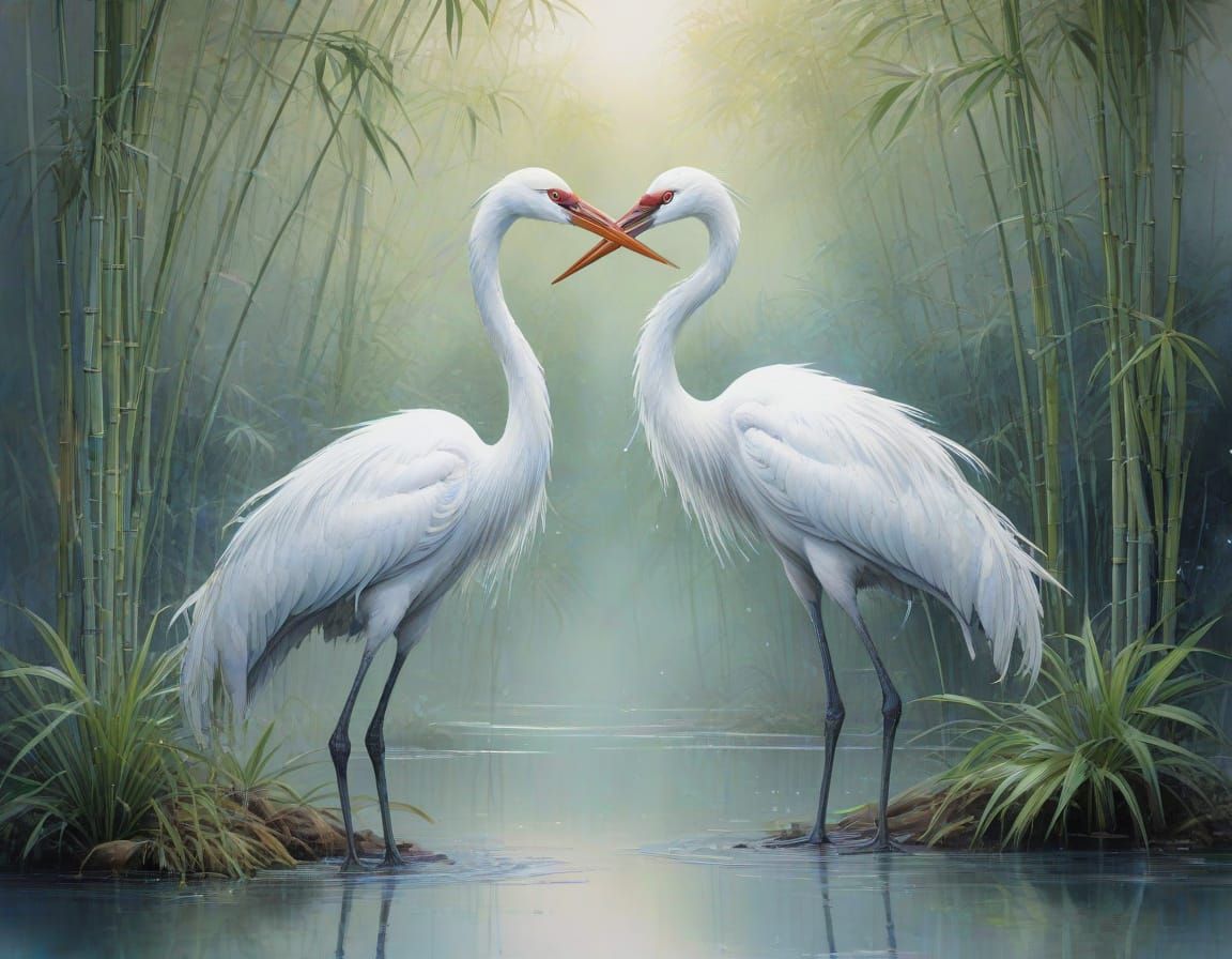 Elegant Cranes by Bamboo Pond: Stylized Watercolour Art
