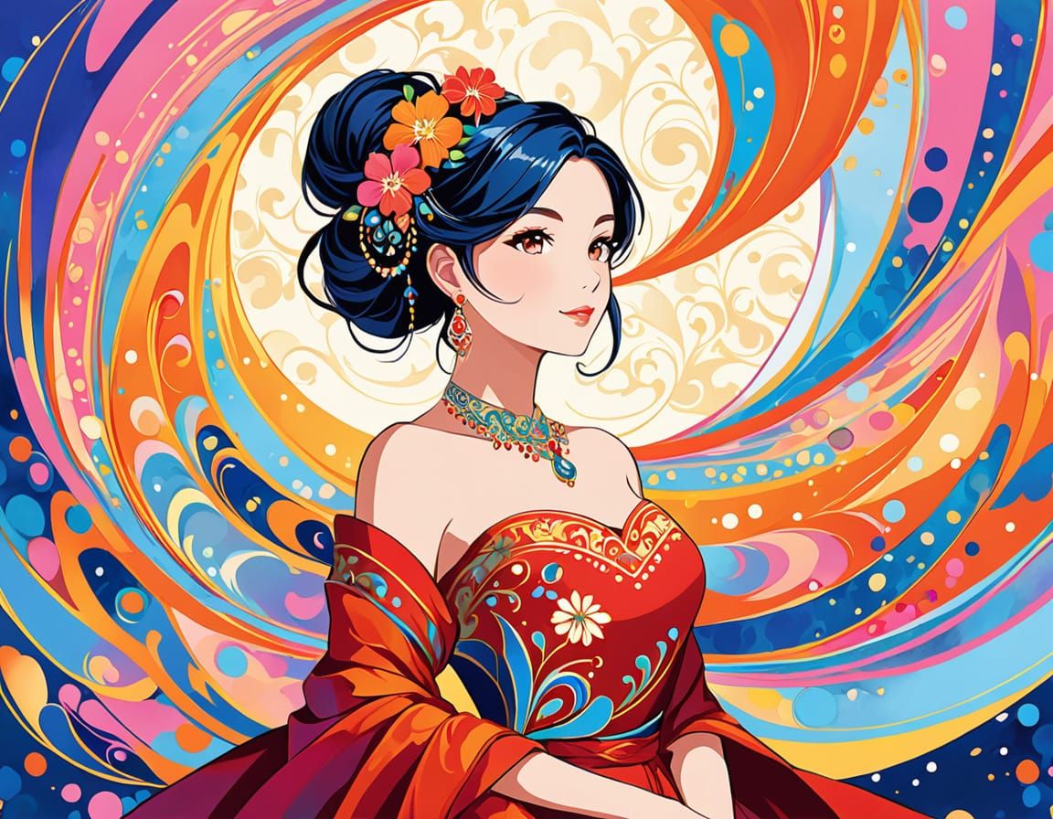 Elegant Woman in Ornate Gown, Gouache Style Portrait