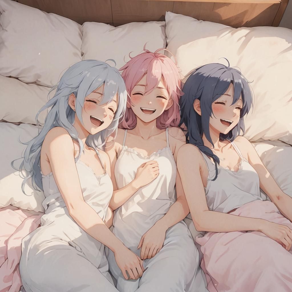 Three Women Laughing in Bed: Anime-Inspired Art