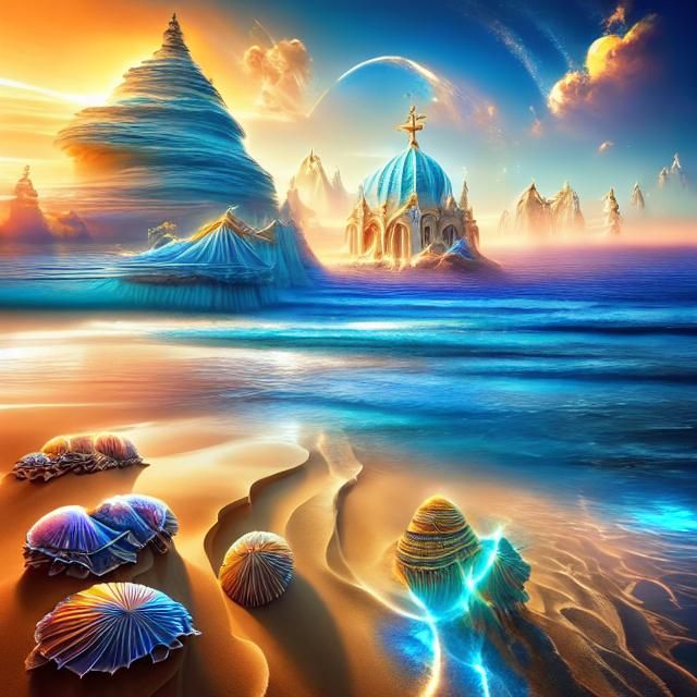 Majestic Sandcastle with Seashells at Sunset: Digital Art