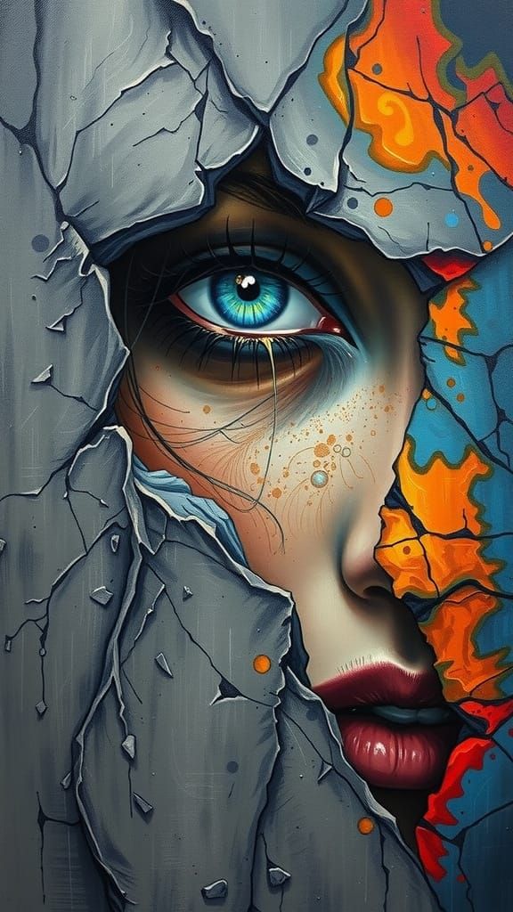 Woman's face with bright blue eyes, peeking through a narrow rock crevice