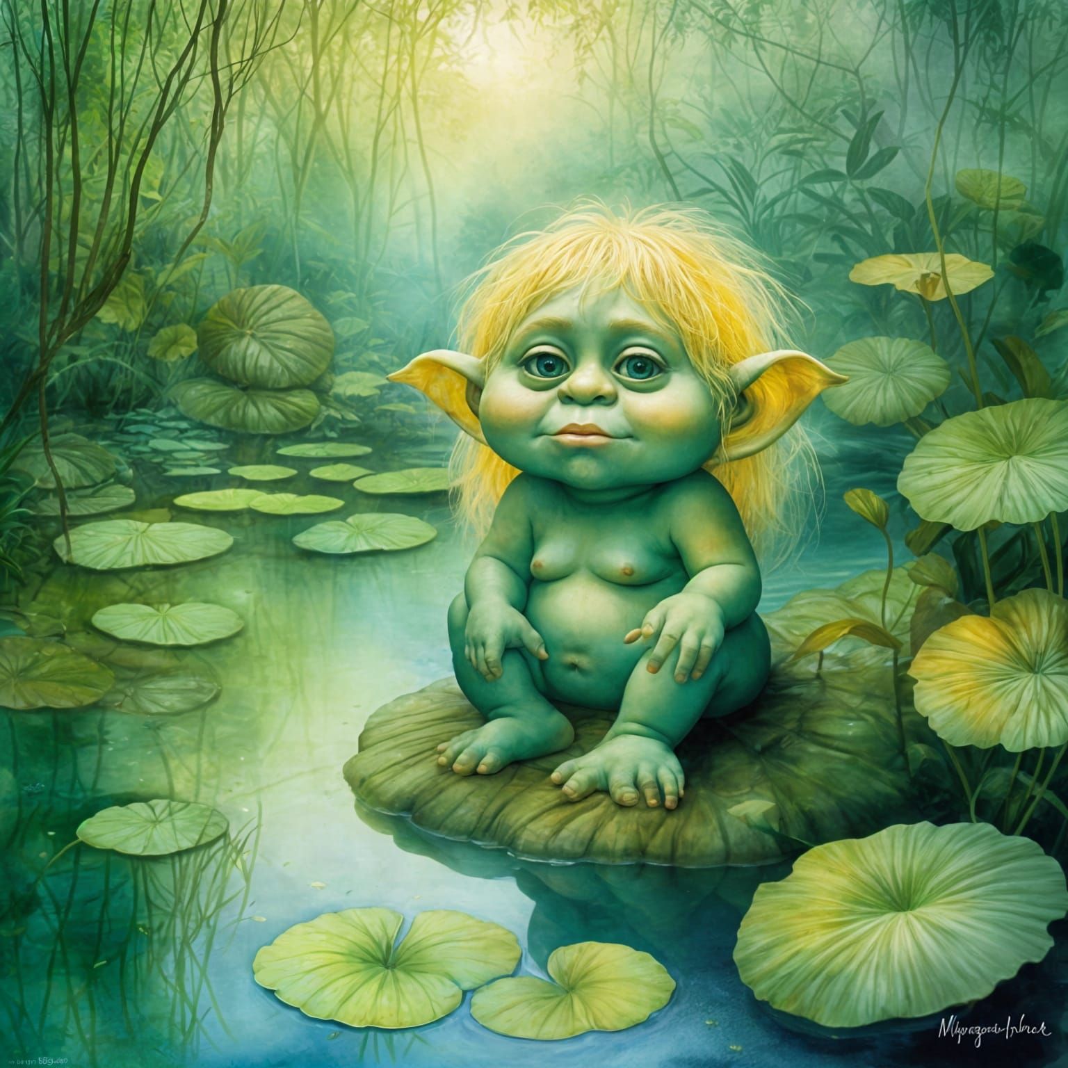 A fat green baby Troll with golden hair is sitting in a pond...