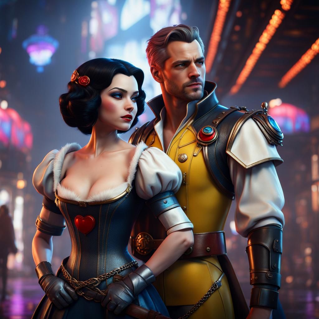 Disney's Snow White and Prince Charming dressed in Cyberpunk style. 8K resolution Unreal Engine 5