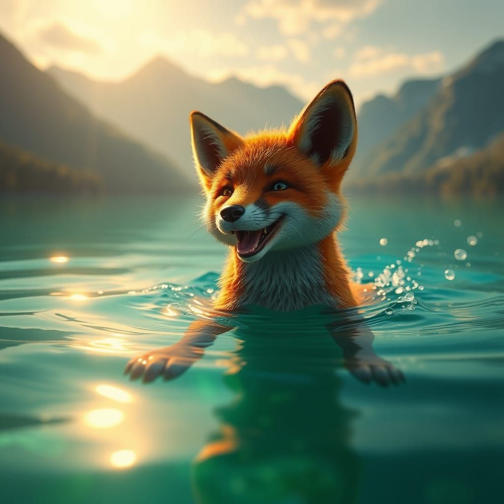 Fox Swimming in Aqua Lake: Fantasy Concept Art