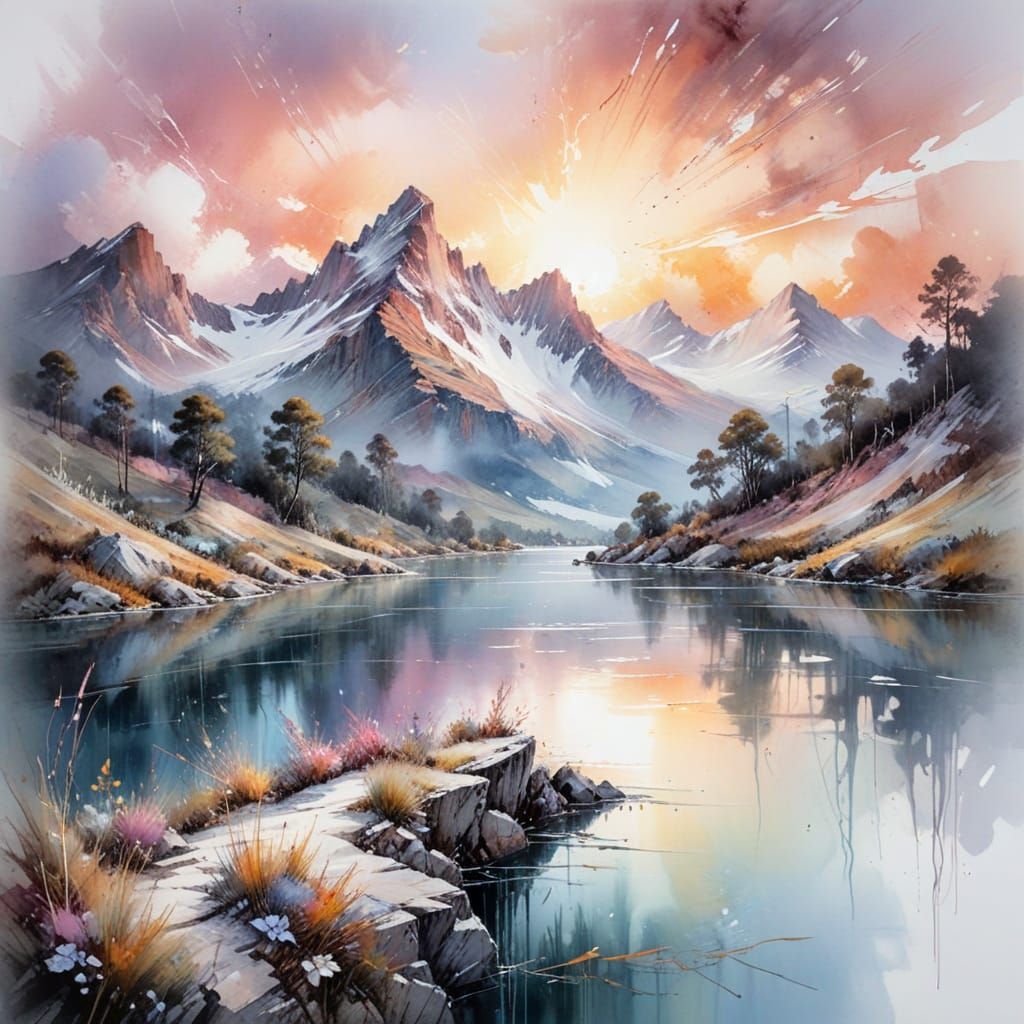 Watercolor Mountain Landscape at Sunrise with Delicate Brush...
