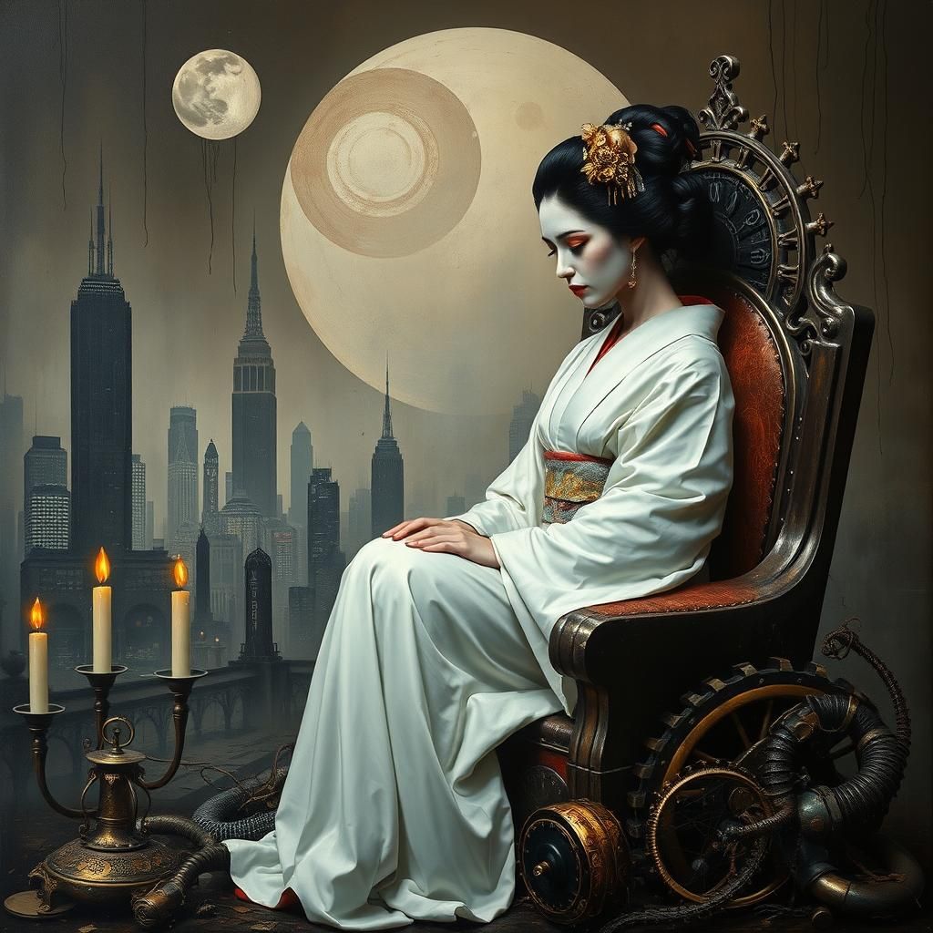 Geisha on Dystopian Throne in Surrealist Art Deco Style