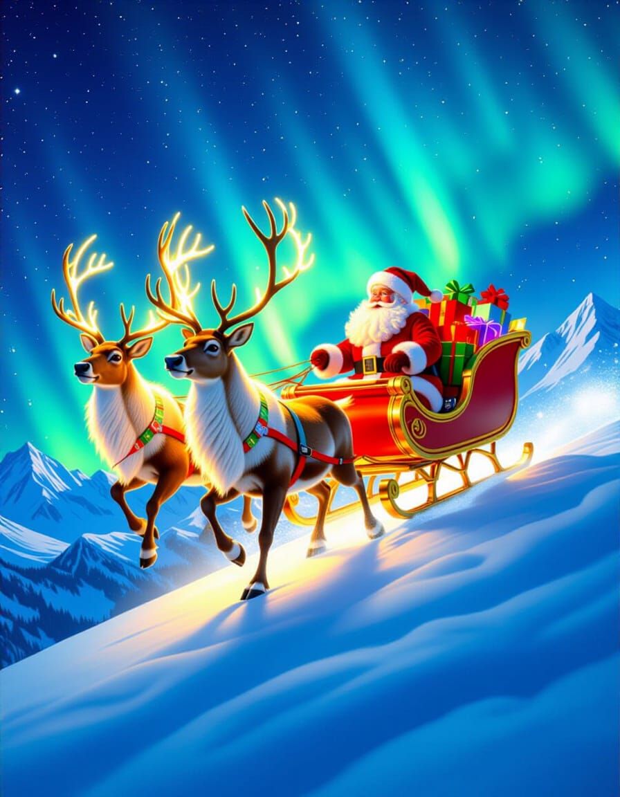 Reindeer Sleigh Flies Through Aurora Borealis