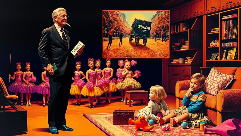 Sleek 1970s Pop Art Scene with Majorettes and Howard Hughes