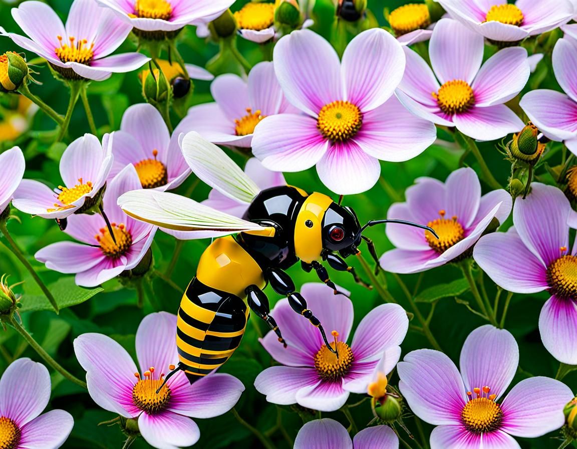 Robotic Bees Pollinating Flowers in High Detail