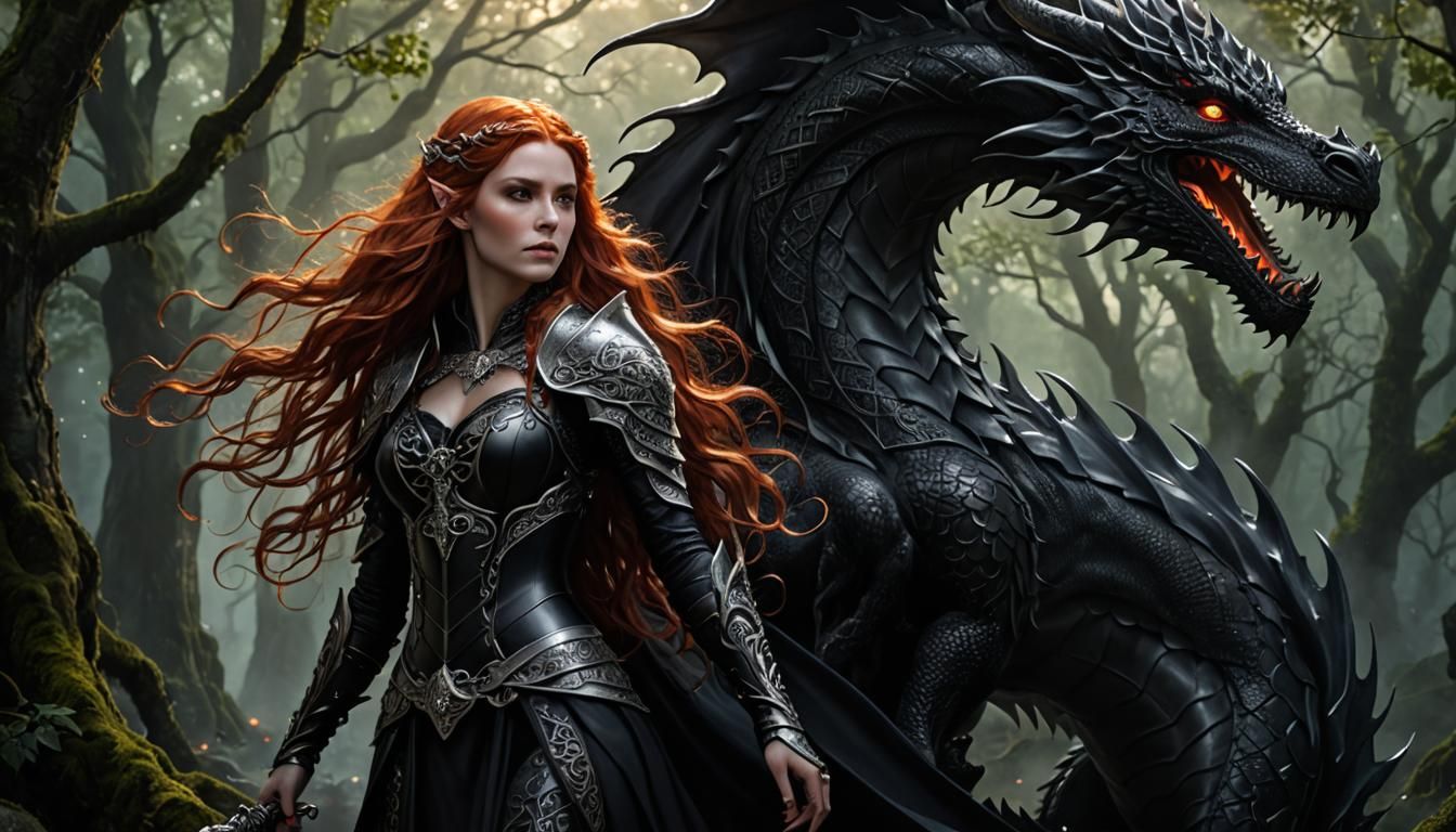 Striking elf woman with flowing Red hair wearing black armou...