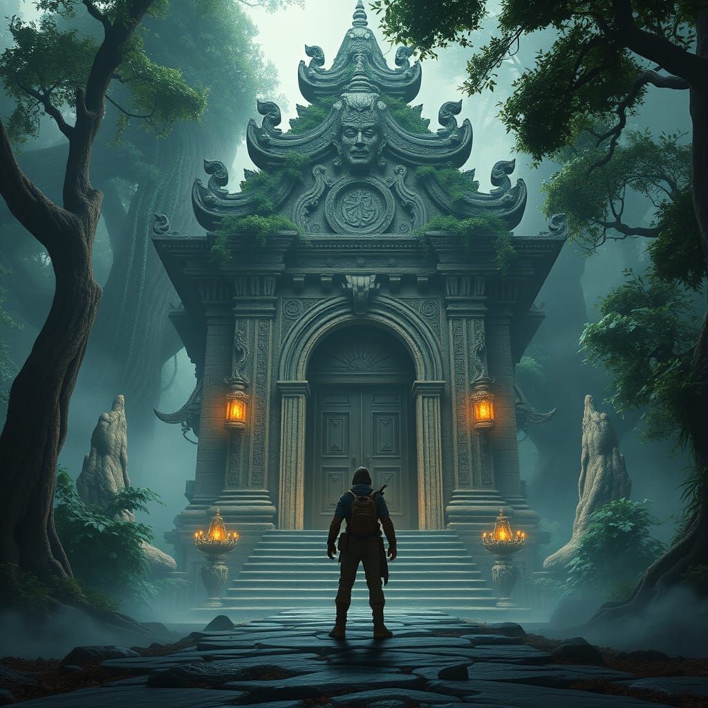 Ancient Temple Entrance with Lone Wanderer in Matte Painting...