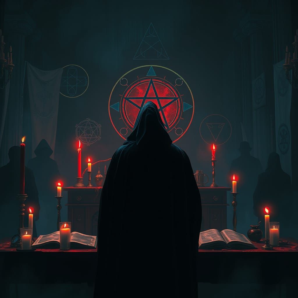 Cloaked Cult Leader at Altar in Cyberpunk Style