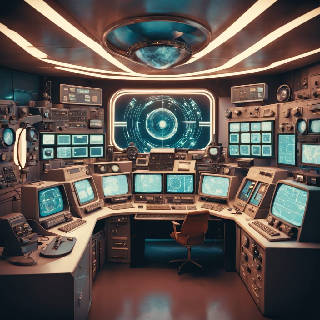 Retro-Futuristic Control Room with Vintage Computers and Ear...