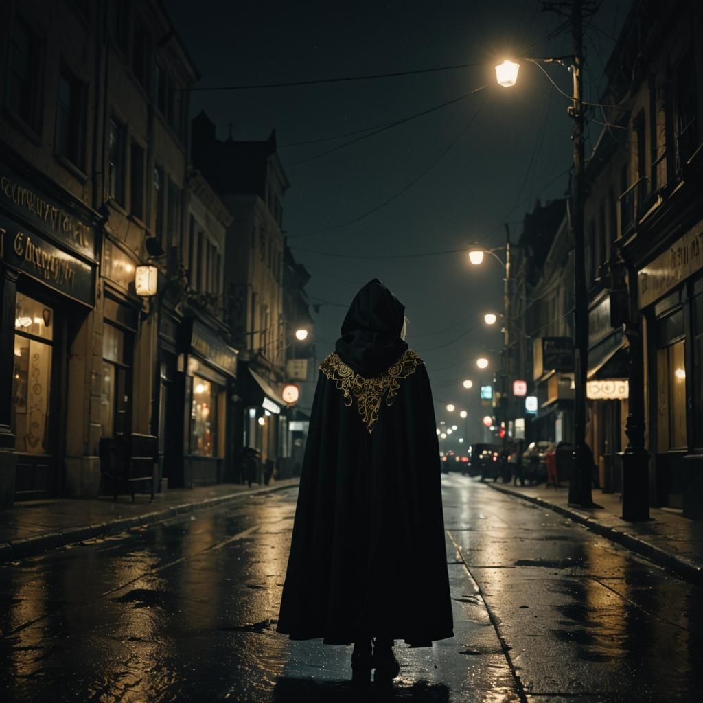 Goth Woman in Cloak at Night: Cinematic Still