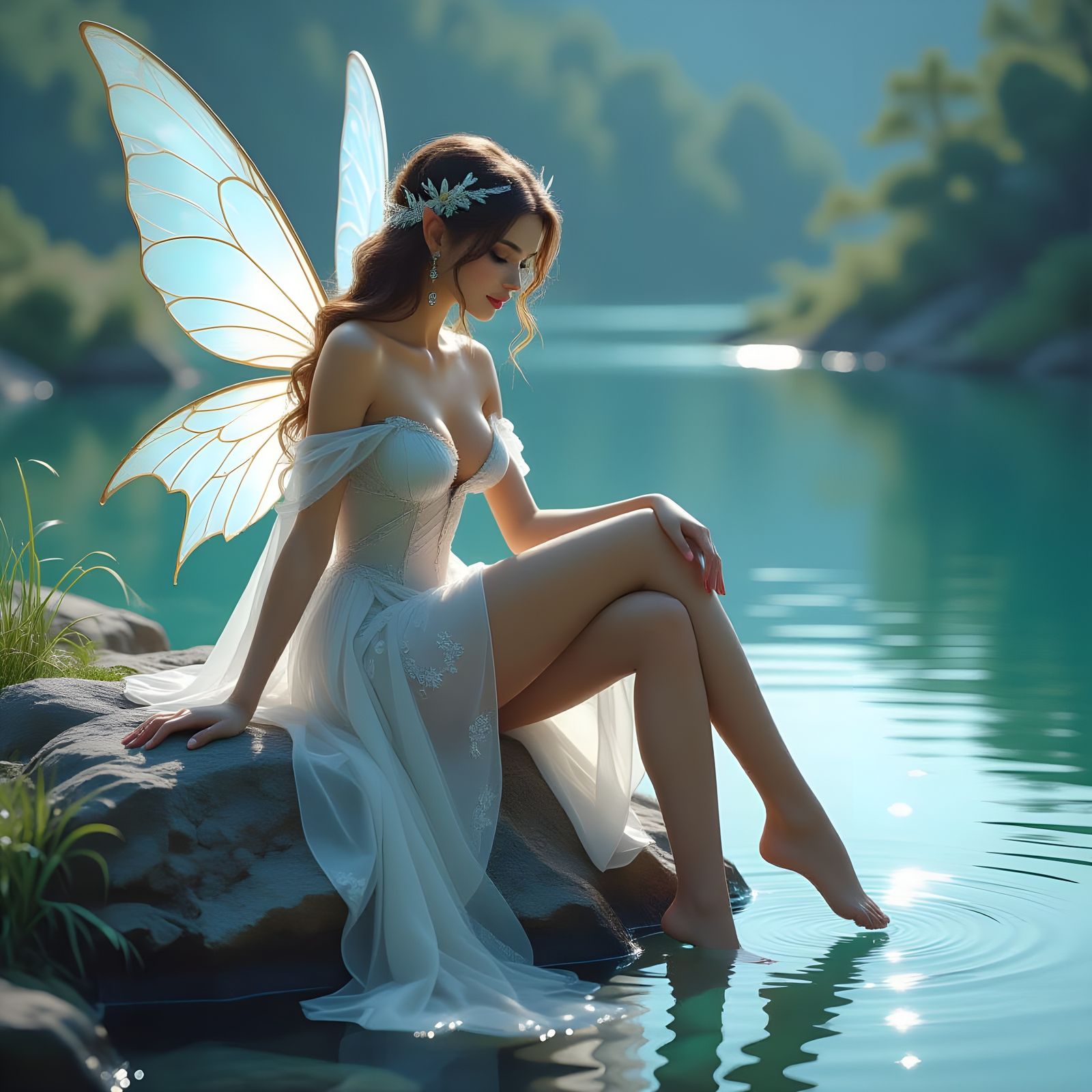 Serene Fairy Overlooking Pond in Moonlight Gown