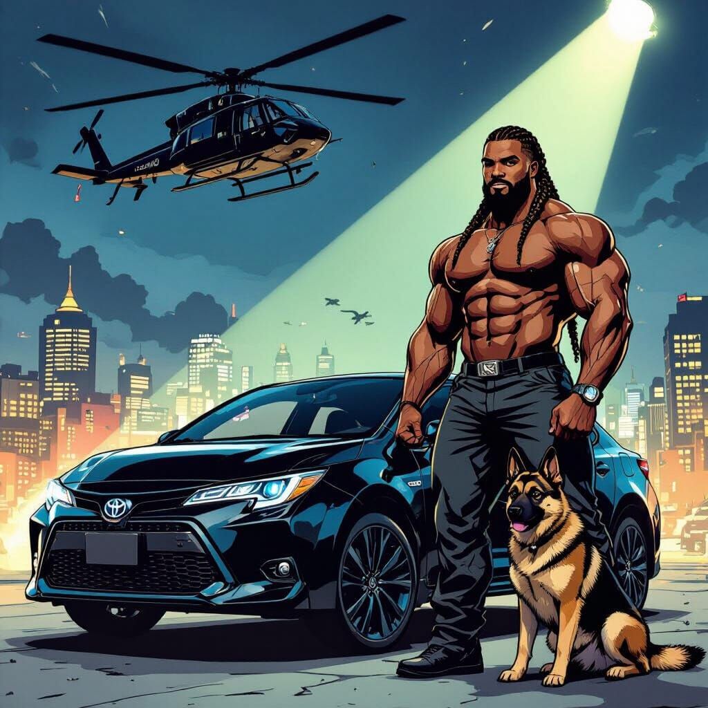 Muscular Bodybuilder, Helicopter, and Dog in Night City