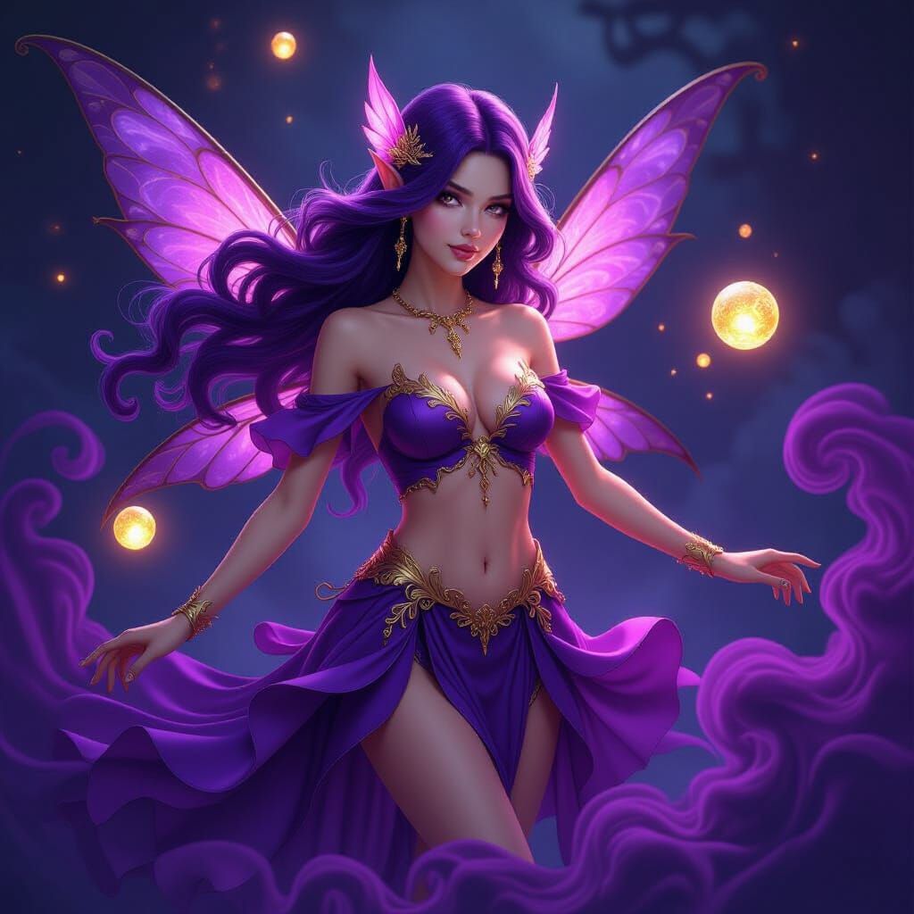 Detailed Fairy Amidst Smoke and Gold Orbs