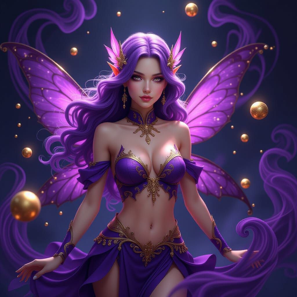 Detailed Fairy Amidst Purple Smoke and Gold Orbs