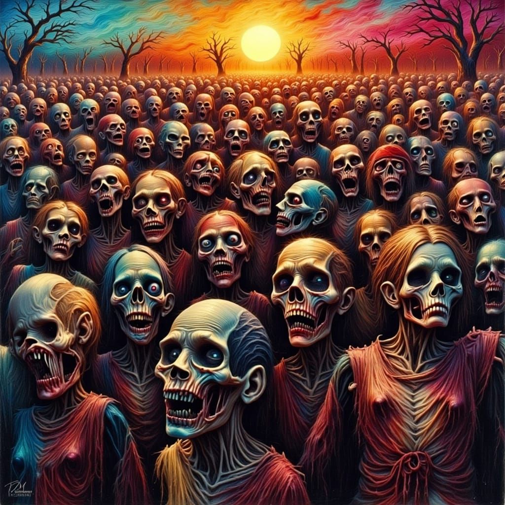 Undead Creeper Zombie Horde in Gouache Impasto Style