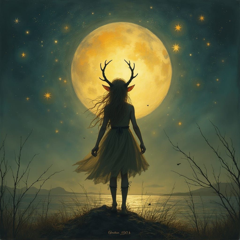 Moonlit Elf Surrounded by Stars in Fairytale Style