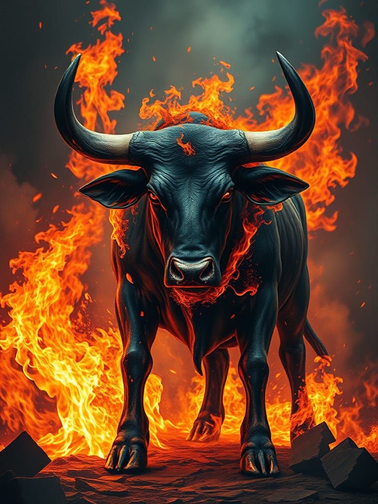 Flaming Bull in Dark Gothic Horror Style