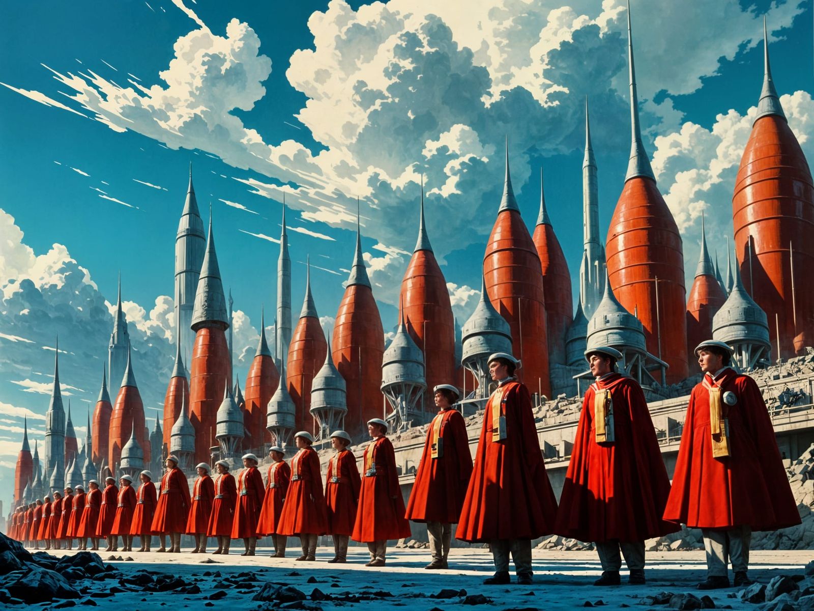 Brutalist Art of Female Space Soldiers in Formation