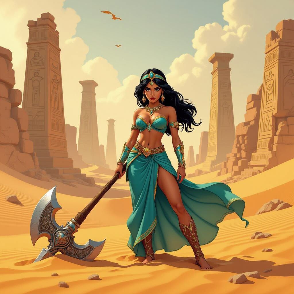 Jasmine as Jungle Queen with Battle Axe in Desert City