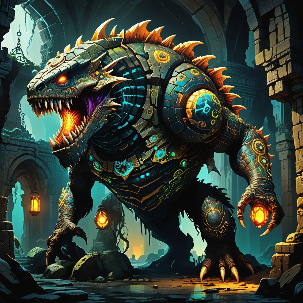 Hulking Mimic Creature Concept Art in Ancient Ruins