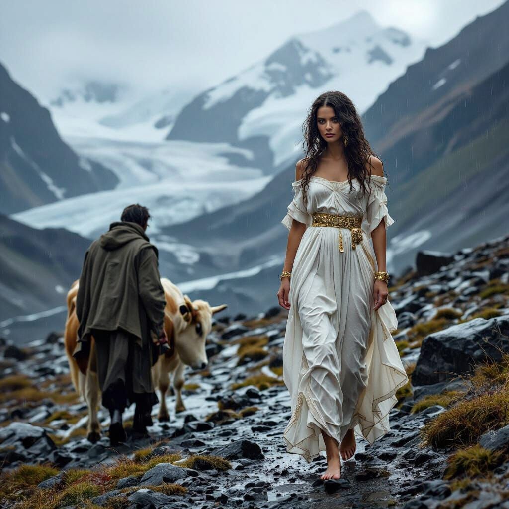 Noble Lady Walks Barefoot on Glacier