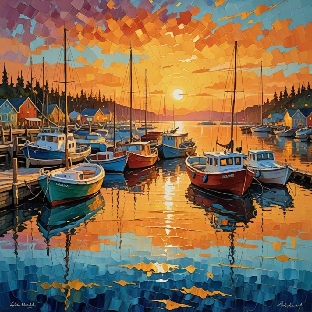 Coastal Harbor at Golden Sunset in Summer: Radiant colors shimmer on rippling water behind weathered boats along a vibra...