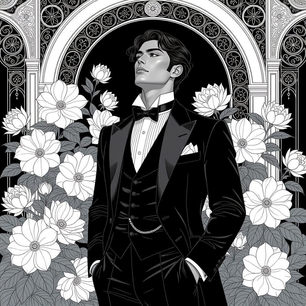 Awestruck Man Surrounded by Flowers: Detailed Drawing