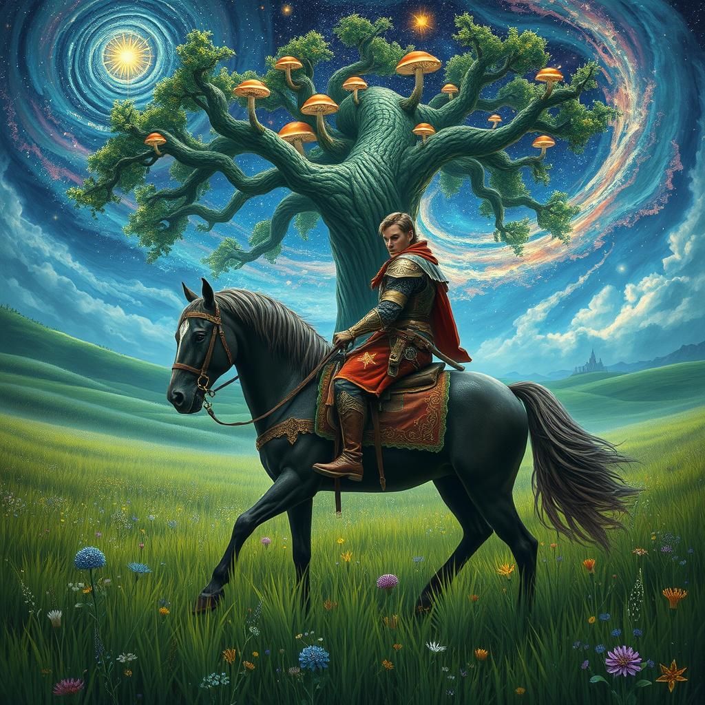 Medieval Warrior on Stallion with Cosmic Sky
