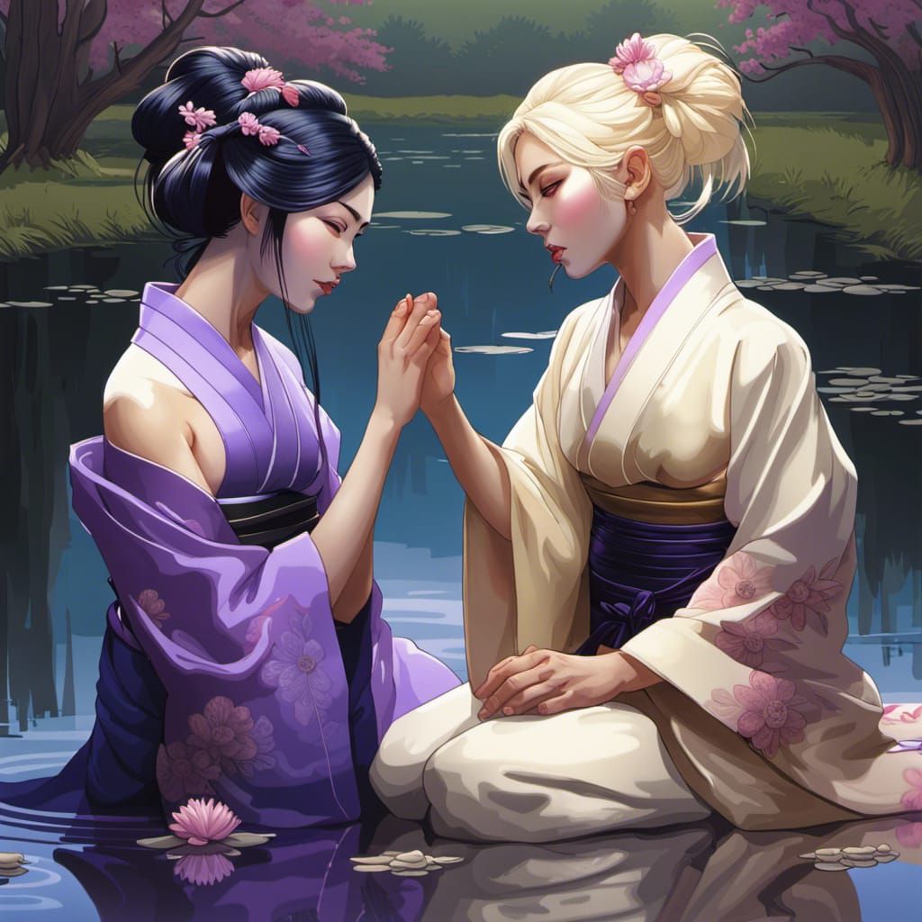 Geishas by a Pond: Hyperdetailed Portrait in Art Nouveau Sty...
