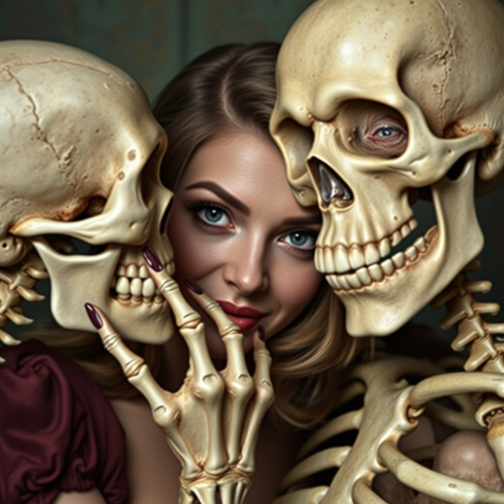 Humorous Hyperrealistic Woman Peeking at Skeleton