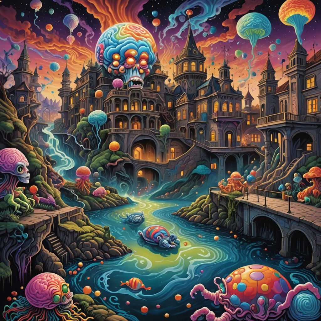 Surreal River of Consciousness in Metallic Oil Painting