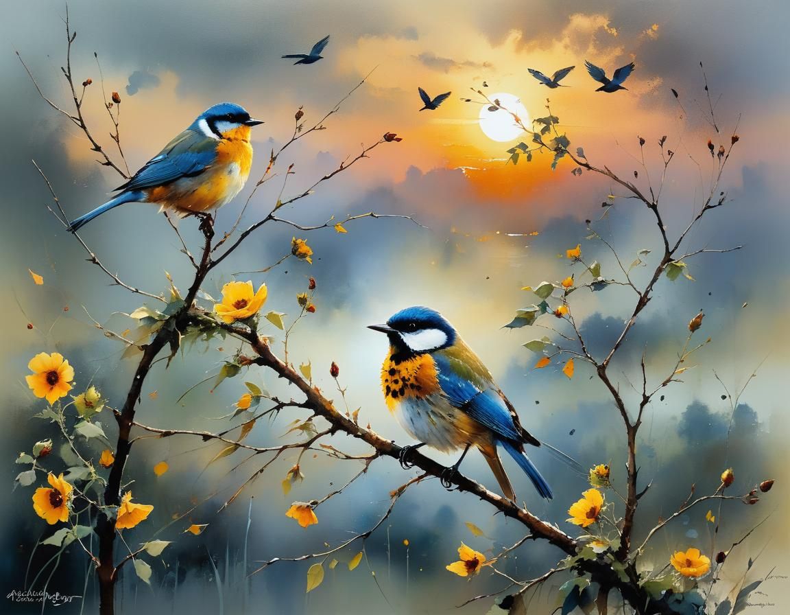 Sunflower Blooms with Vibrant Bird, Captured in Intricate De...