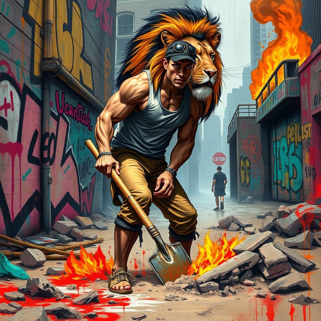 Muscular Lion Tamer Digs in Urban Street Art