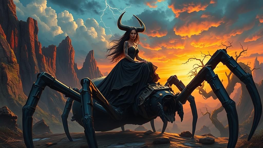Gothic Woman Rides Mechanical Spider at Sunset