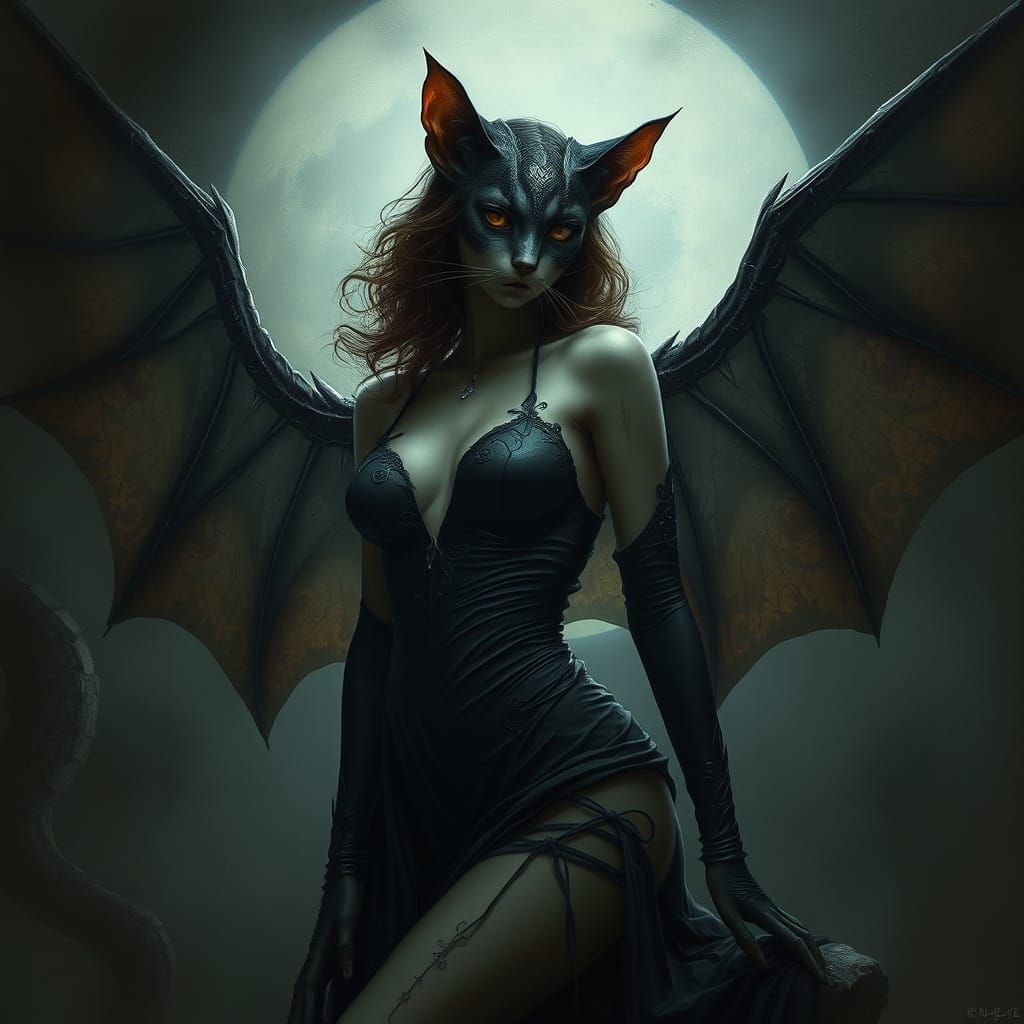 Gothic Feline Angel in Moonlit Shadows