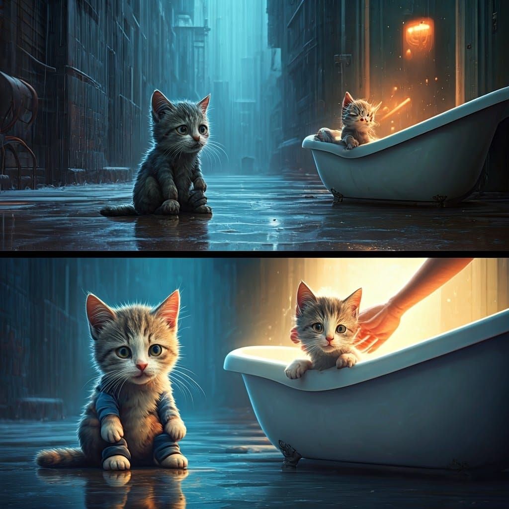 Pitiable Cat Split-Screen: Street Despair to Bathtub Joy