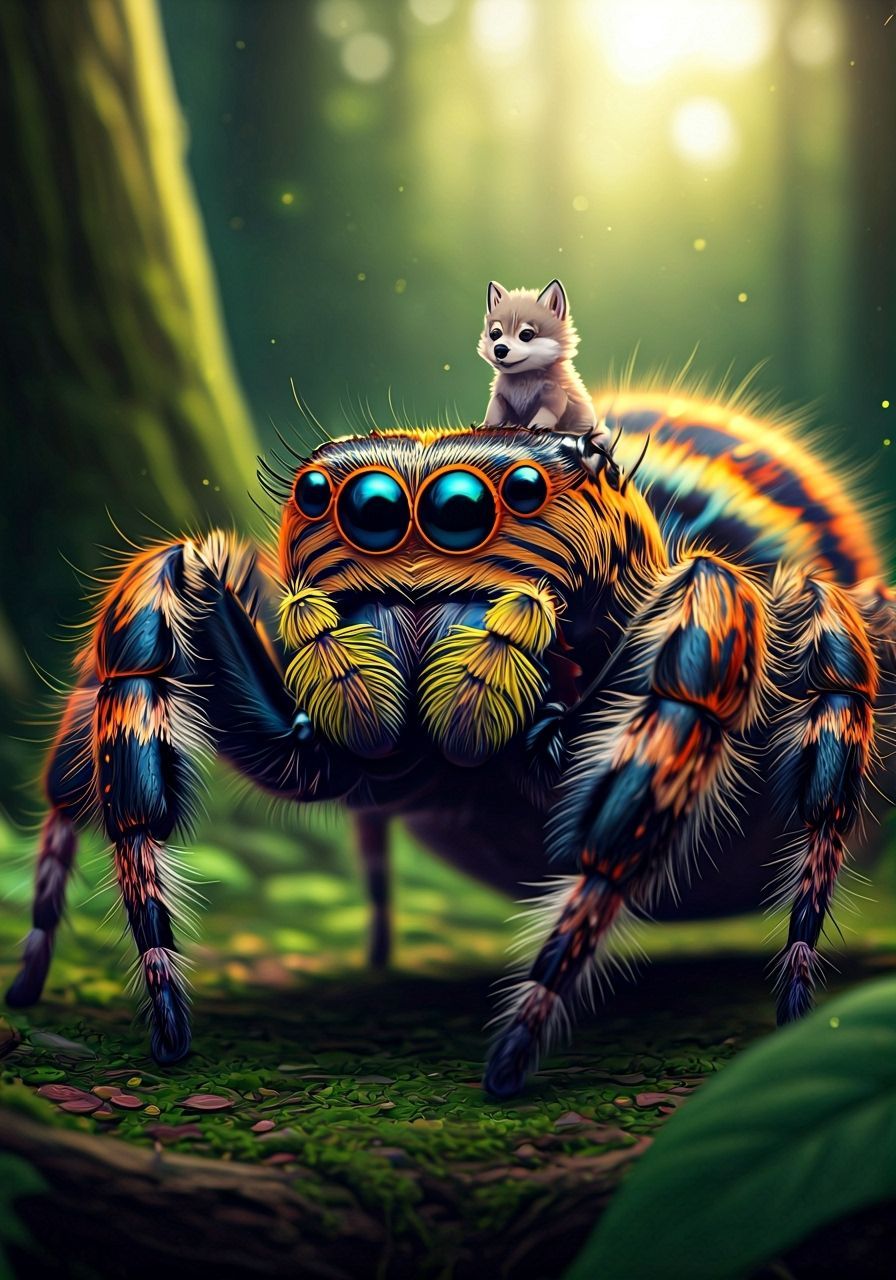 Adorable Fluffy Spider with Wolfcub in Anime Style