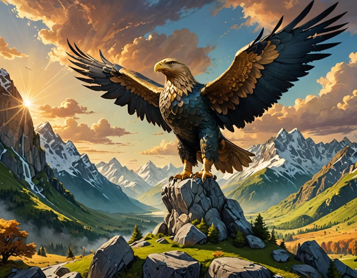 Fantasy Landscape with Eagle Statue in Digital Art