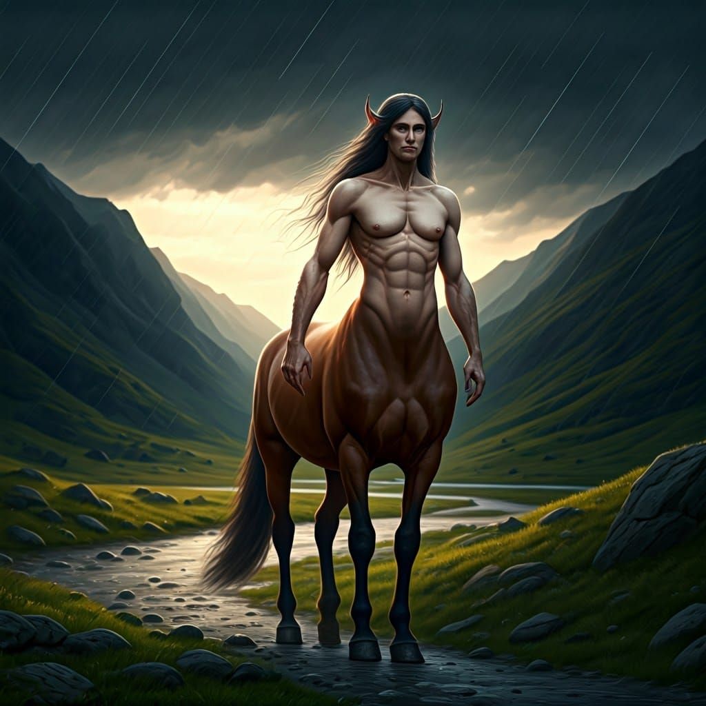 Mythological Centaur Walking in Rainy Valley