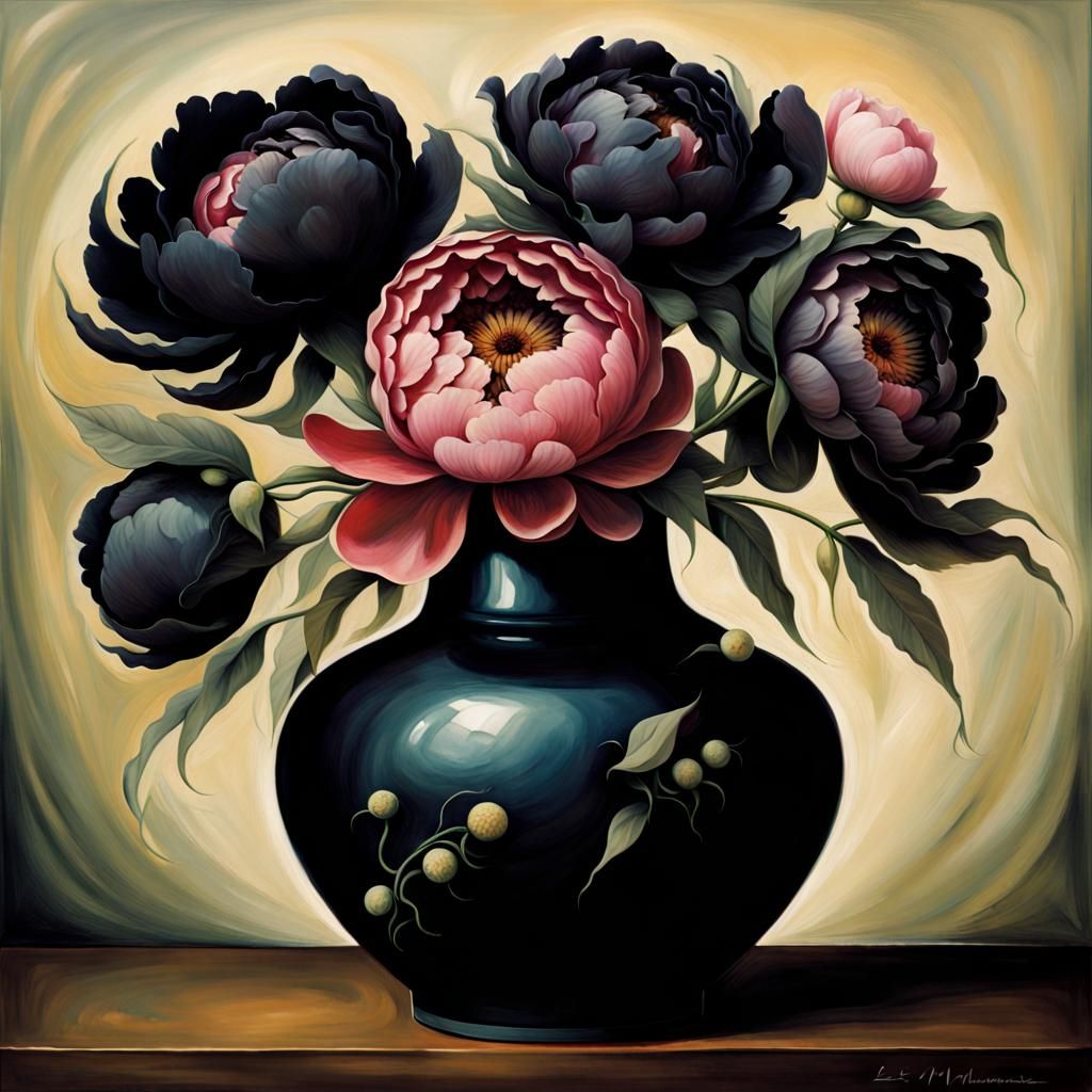 Black Peonies Still Life in Fantasy Art Style
