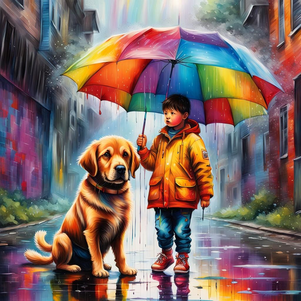 Child and Dog in Rainy Graffiti Art