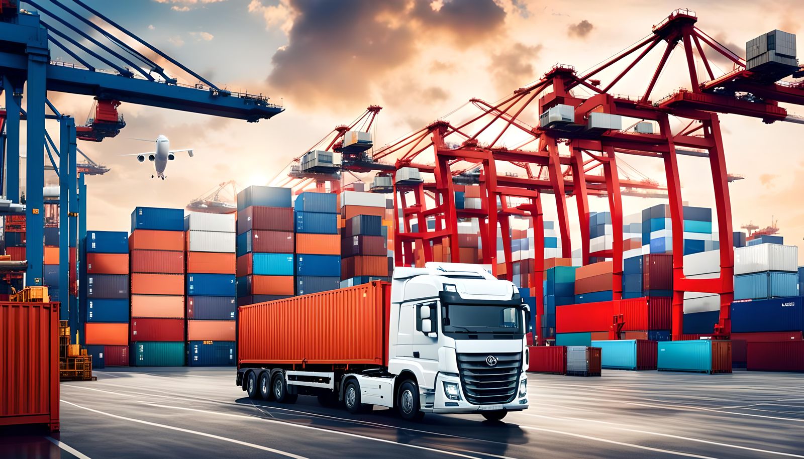 International Logistics Center with Container Ship and Truck...