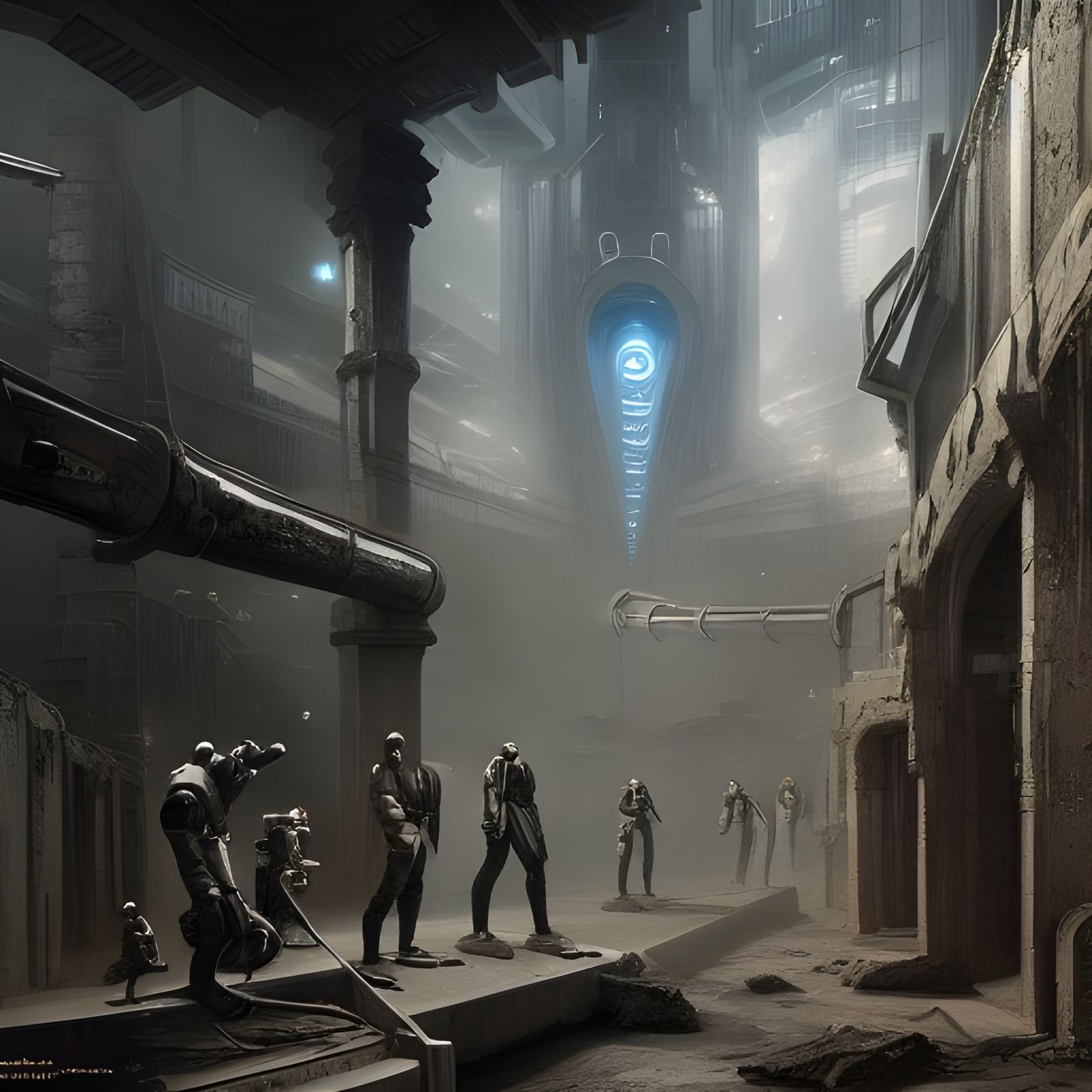 Futuristic Cyborgs in Dystopian City Ruins