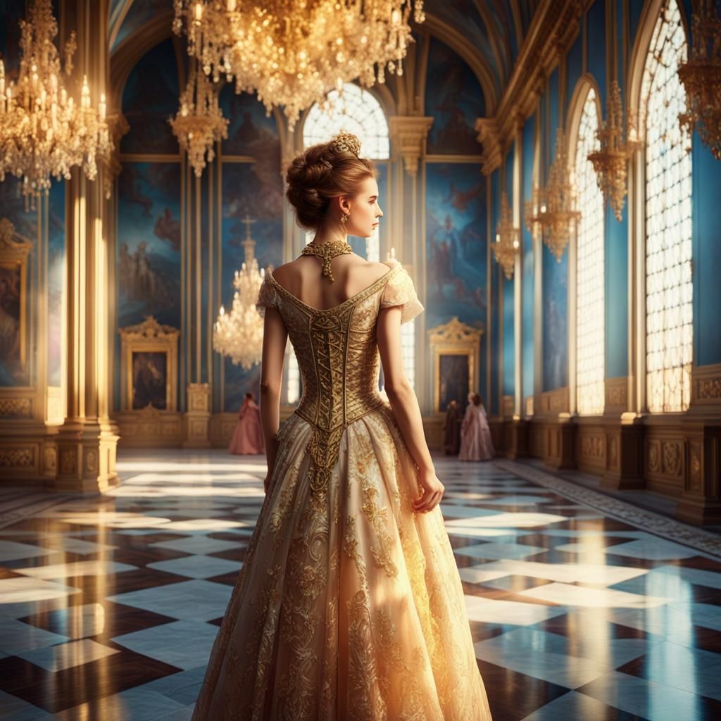 Elegant Noblewoman in Lavish Hall: Matte Painting