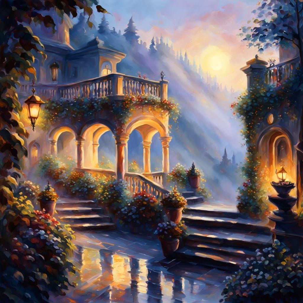 Ethereal Terrace in Gouache Style with Golden Hour Lighting